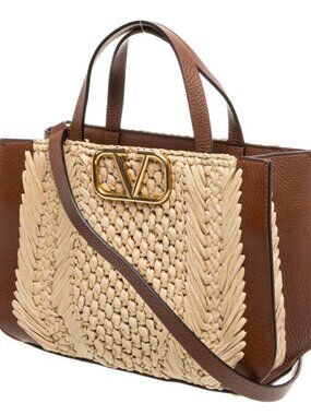 Valentino Garavani  v-logo small faux raffia and textured-leather tote